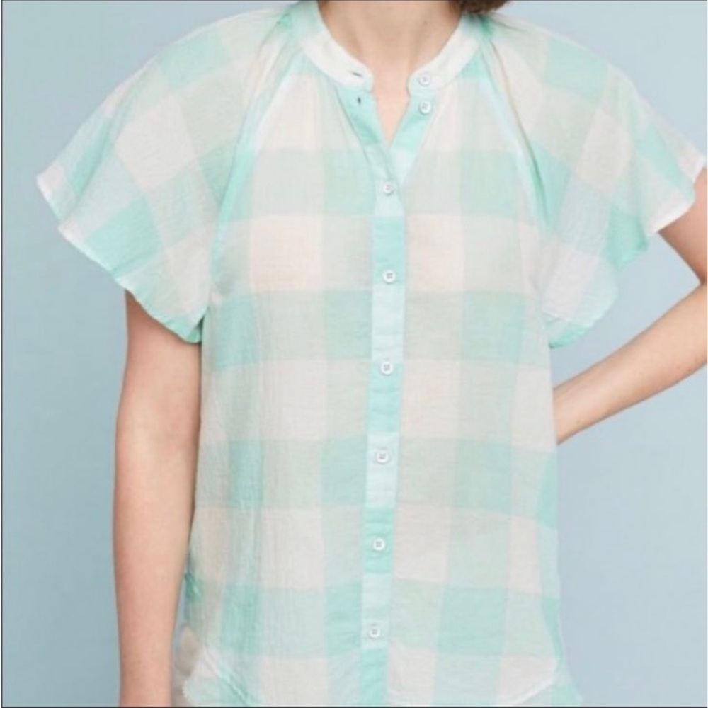 Maeve Mint Buffalo Check Plaid Flutter Shirt Small